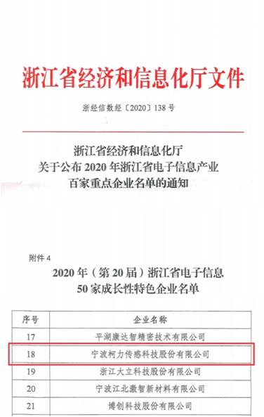 喜讯！betway西汉姆联传感再次入选浙江省电子信息产业百家重点企业